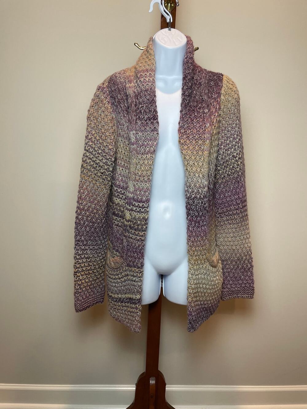 Berretti Italy Cardigan Size L Purple Grey Ombre Chunky Knit Shawl Wool NWT
